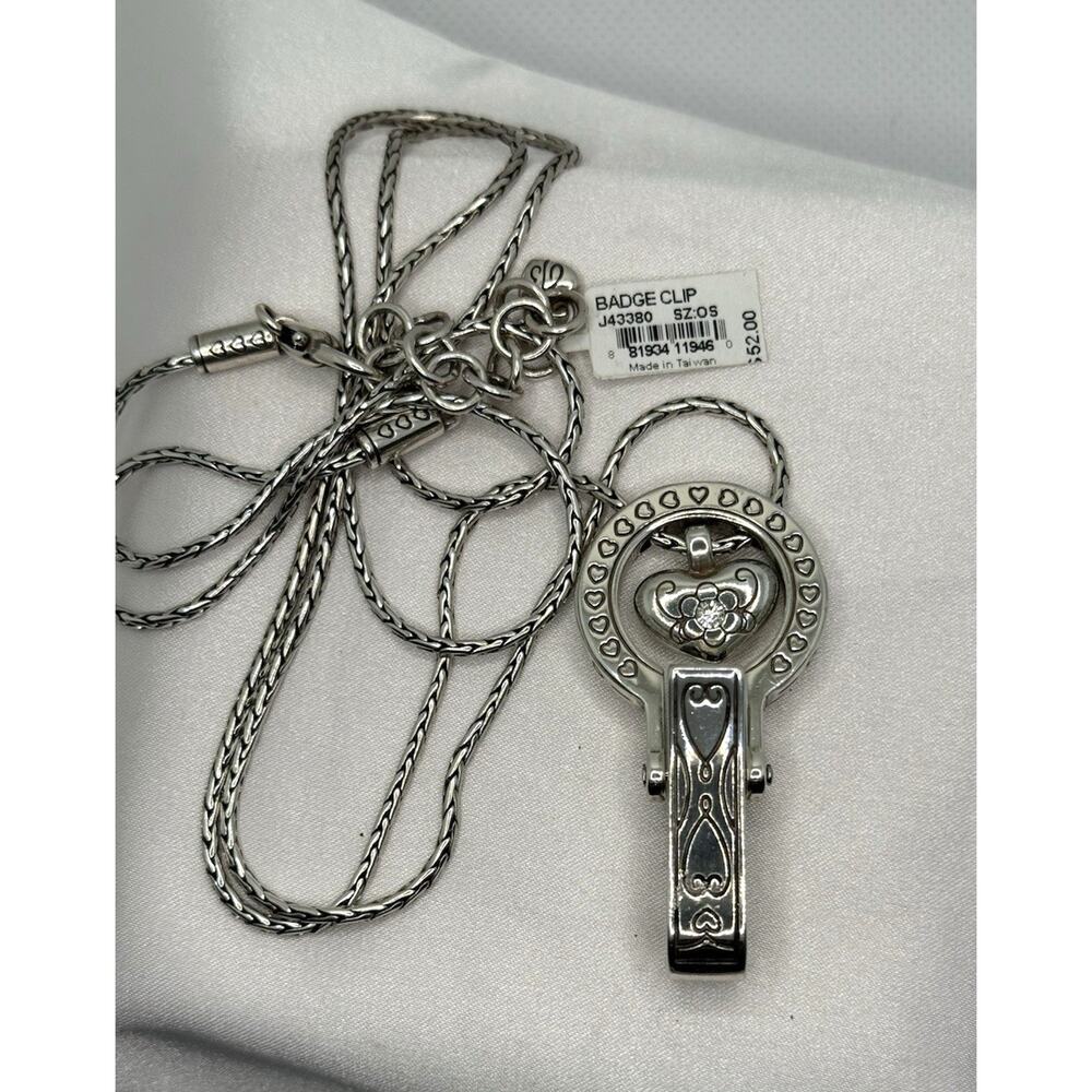 Brighton Heart Crystal Badge Clip Lanyard Necklace Silver NWT J43380 Bag